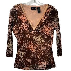 axcess Vintage Top 3/4 Sheer Sleeves Lace Trim V-Neckline Y2K 90's Style Size L